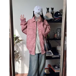 秋冬蜡染做旧美式复古PU皮衣外套宽松休闲潮流男女情侣皮夹克图片