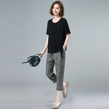 2021夏季新款气质减龄圆领个性抽绳T恤+休闲裤套装，女装套装/套裙，简韵佳