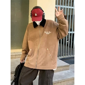 美式短款上衣刺绣麂皮绒外套男女潮牌宽松春秋底特律夹克