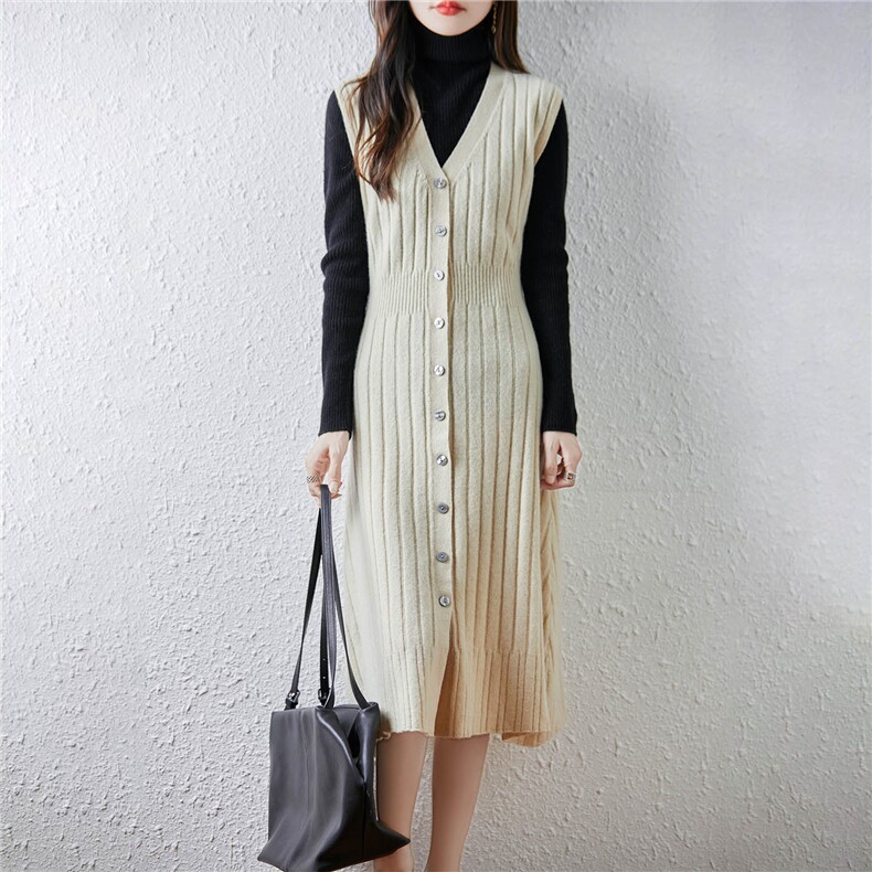 2025年秋季无扣百搭中长款时尚休闲V领马甲，女装马甲，绒汀羊绒