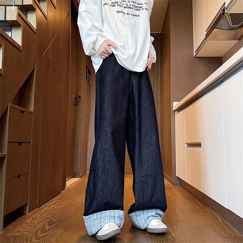 拼接卷边格子牛仔裤男设计感小众阔腿直筒拖地裤子KZ011P65加绒75,男装牛仔裤,电商B312