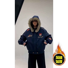 现货高品质美式高街重磅刺绣座山雕大毛毛领棉衣男女加厚棉服外套，男装棉衣，电商A486-1