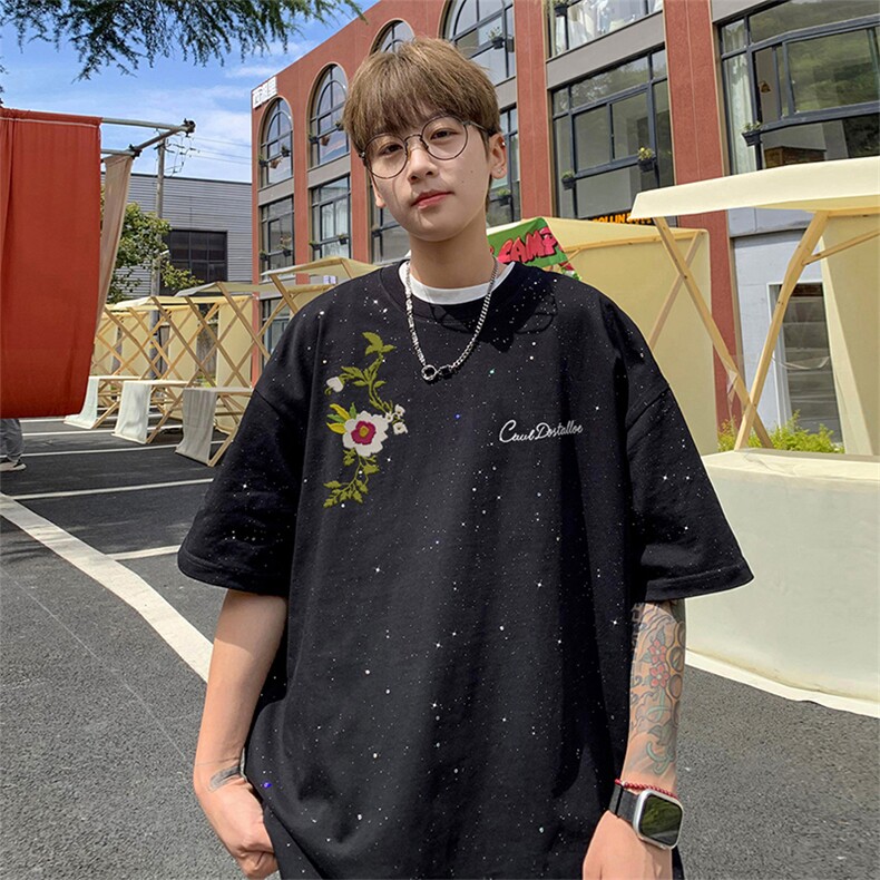 可48小时发货支持抖音得物来样二开美式满天星亮片短袖T恤MTX717,男装T恤,电商A486