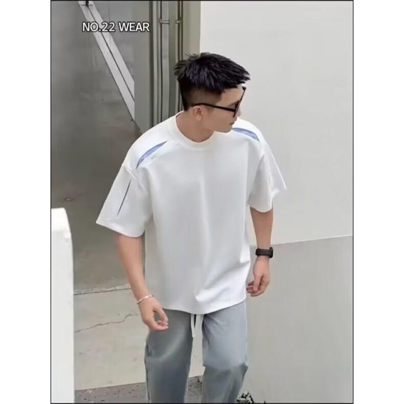 条纹解构拼接设计款夏季百搭T恤短袖男,男装T恤,四季星座505