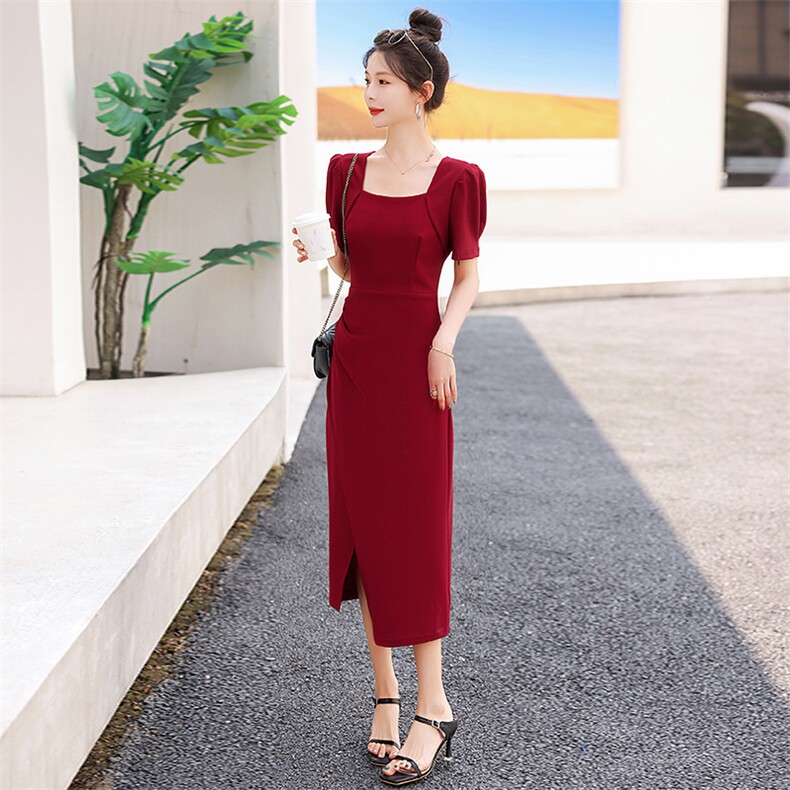 现货新款2025年夏季气质淑女方领高级感收腰显瘦法式连衣裙,女装连衣裙,蓝诺裳