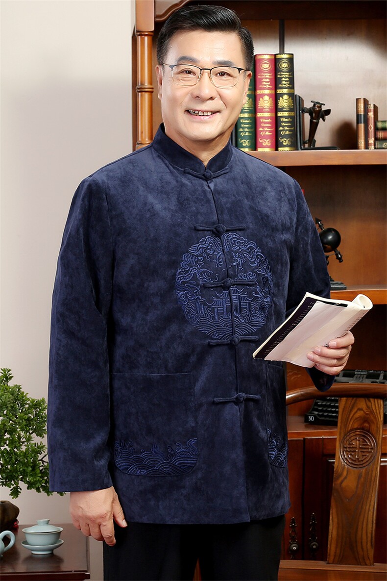 高货春款中老年风唐装外套男中式复古盘扣汉服爷爷过生日外套,男装民族服装,钱塘723