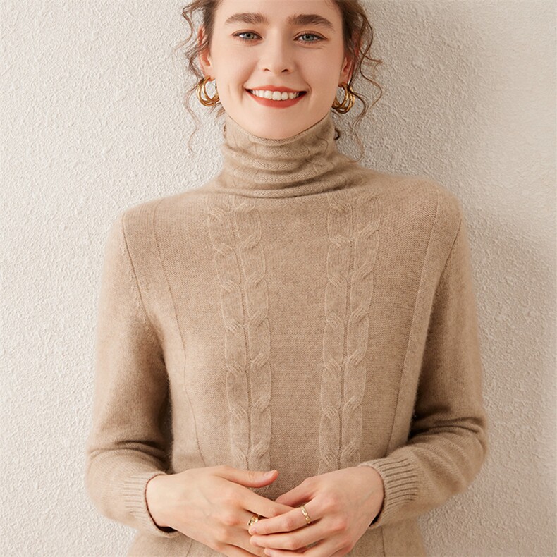 秋冬款软糯感山羊绒衫女堆堆领提花加厚毛衣宽松高领针织打底上衣，女装羊绒衫，轩妮羊绒
