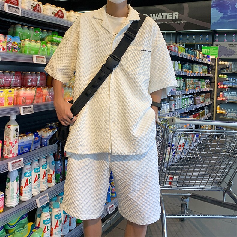 夏季新款短袖衬衫短裤男格子衬衫短裤休闲运动套装男W3337-P53,男装衬衫,星座512-2