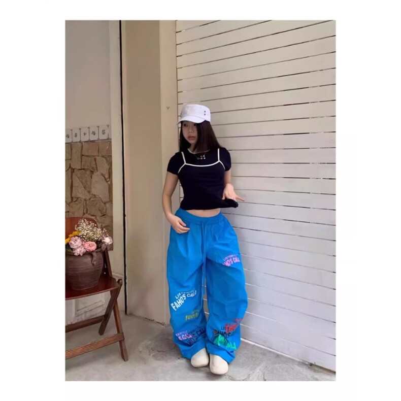 夏季薄款蓝色休闲阔腿美式运动裤透气轻薄欧美休闲裤女,女装休闲裤,星座1210-1