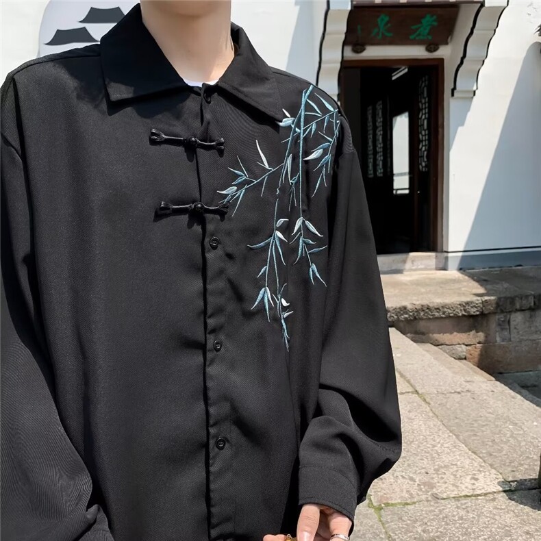 新中式风长袖衬衫男学生装春夏宽松刺绣团建出游衬衣夏季短袖潮,男装衬衫,星座410-7