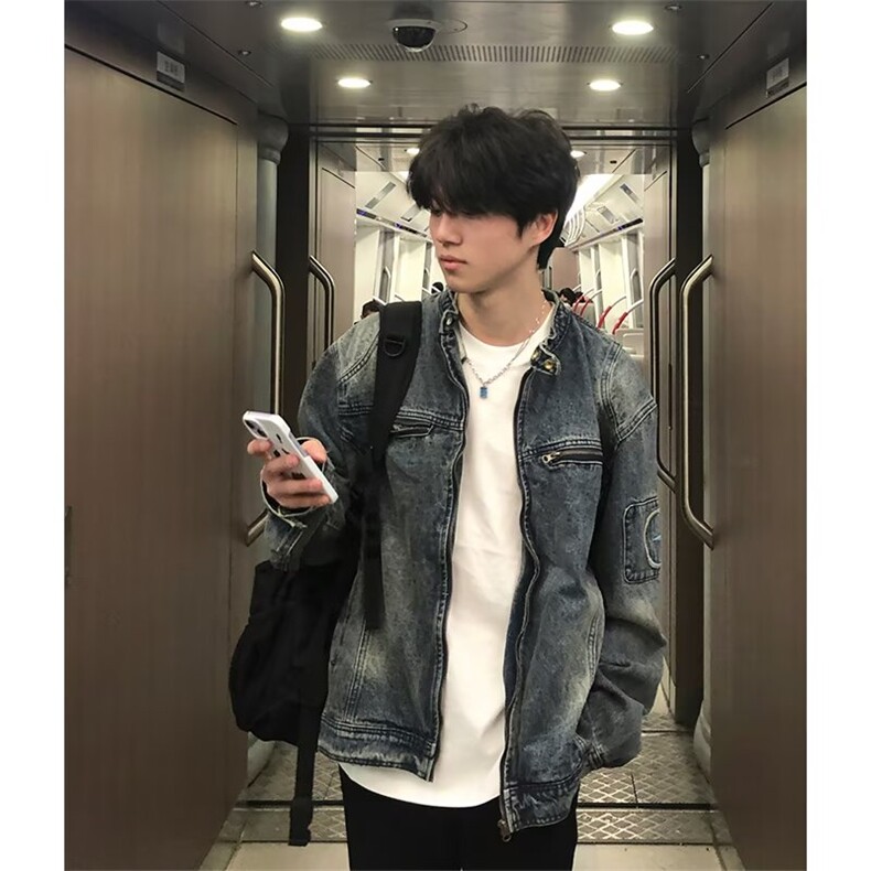 春秋季日系复古刺绣水洗牛仔外套男宽松蓝色工装夹克上衣 JK2215图片