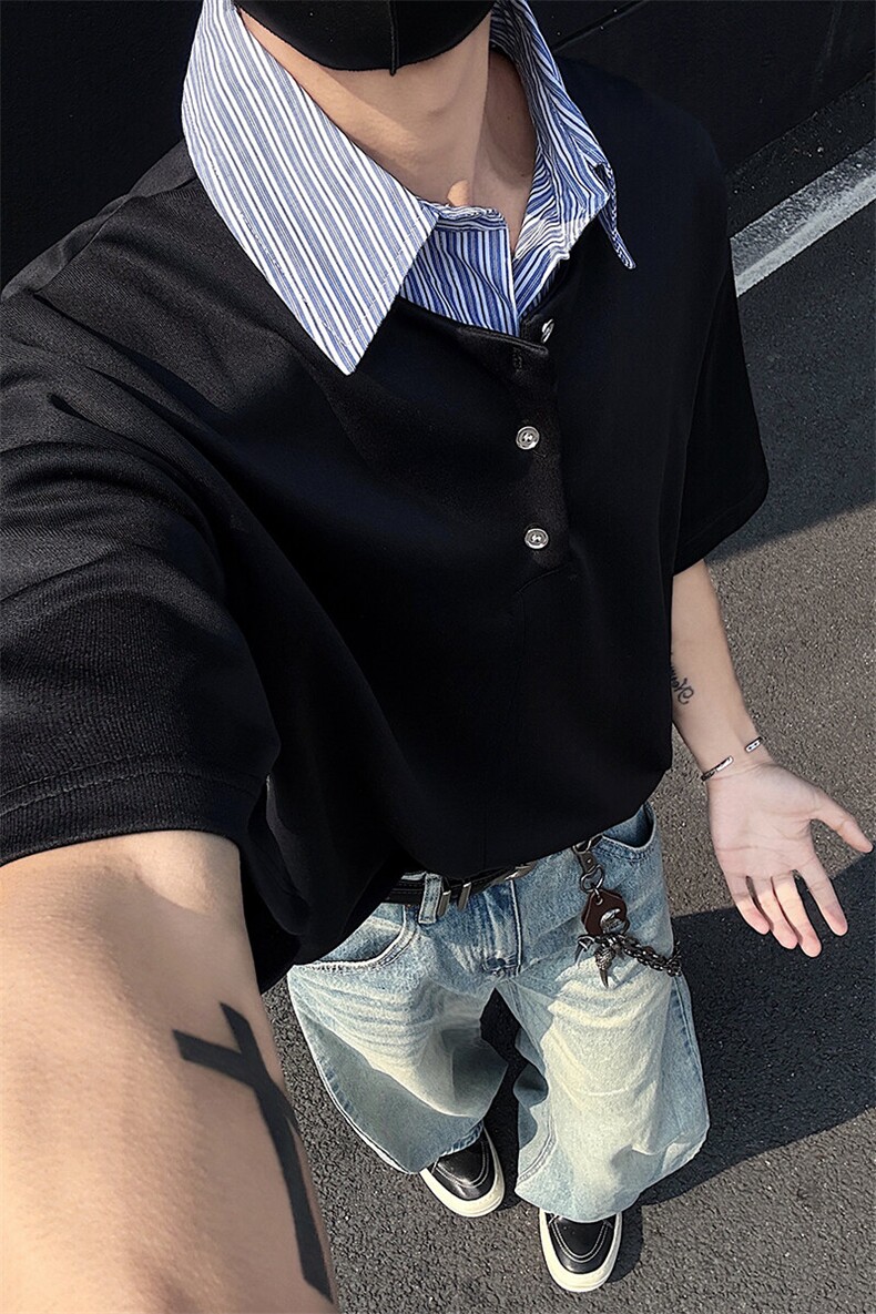 特批P30无差价夏季潮流假两件拼接条纹翻领宽松短袖T恤男T5117,男装T恤,电商A001-1