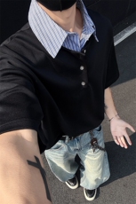 特批P30无差价夏季潮流假两件拼接条纹翻领宽松短袖T恤男T5117，男装T恤，电商A001-1