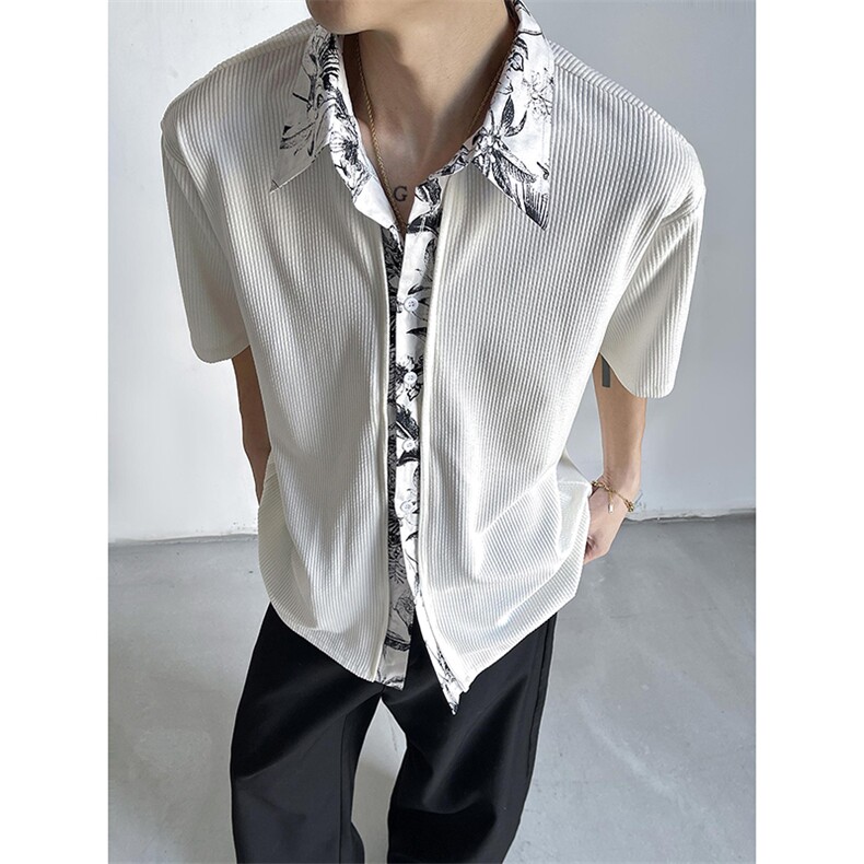 花卉衬衫短袖男肌理提花层次感夏季假两件上衣-A2392P36控68，男装T恤，电商B241