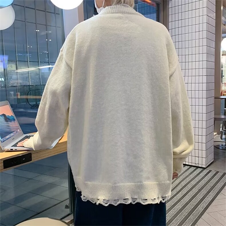 男破洞烂边设计V领针织开衫宽松日系复古毛衣M5061P42,男装针织衫/毛衣,星座1116-2