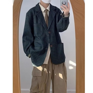春秋复古细格纹西服男生宽松休闲小众设计小西装上衣外套 XB18图片