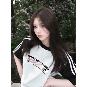 抖音得物品质二开240克宽松纯棉美式潮牌插肩三杠织带短袖T恤图片