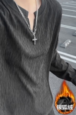 重磅480g美式银狐绒肌理感V领男大码长袖T恤T1704J加绒-特P30控58，男装T恤，电商A001