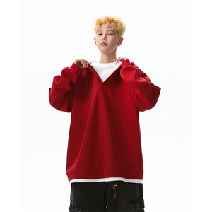 8XL-M叠穿假两件卫衣重磅连帽V领拼接套头衫宽松大码外套WY006P65图片