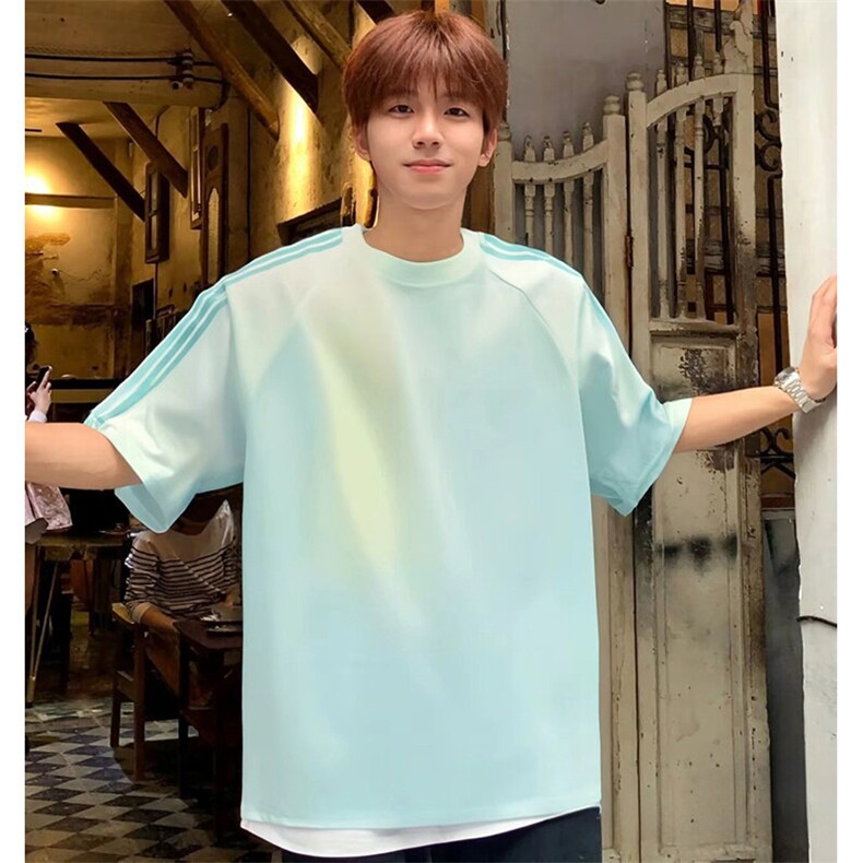 抖音得物品质二开240克宽松纯棉美式潮牌印花三条杠中性风短袖T恤,男装T恤,电商A486