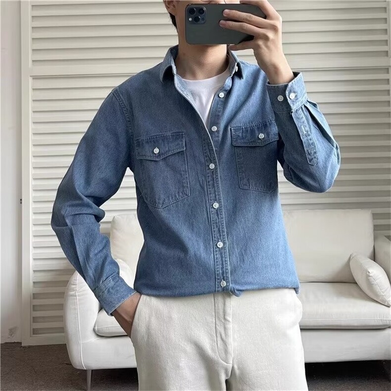 现货高级感复古牛仔衬衫男春秋季简约舒适工装长袖衬衣外套男潮牌,男装衬衫,星座302B