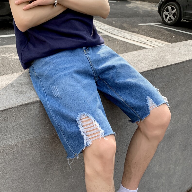 牛仔短裤男潮牌ins宽松直筒夏韩版潮流乞丐五分裤潮破洞5105,男装牛仔裤,电商A318
