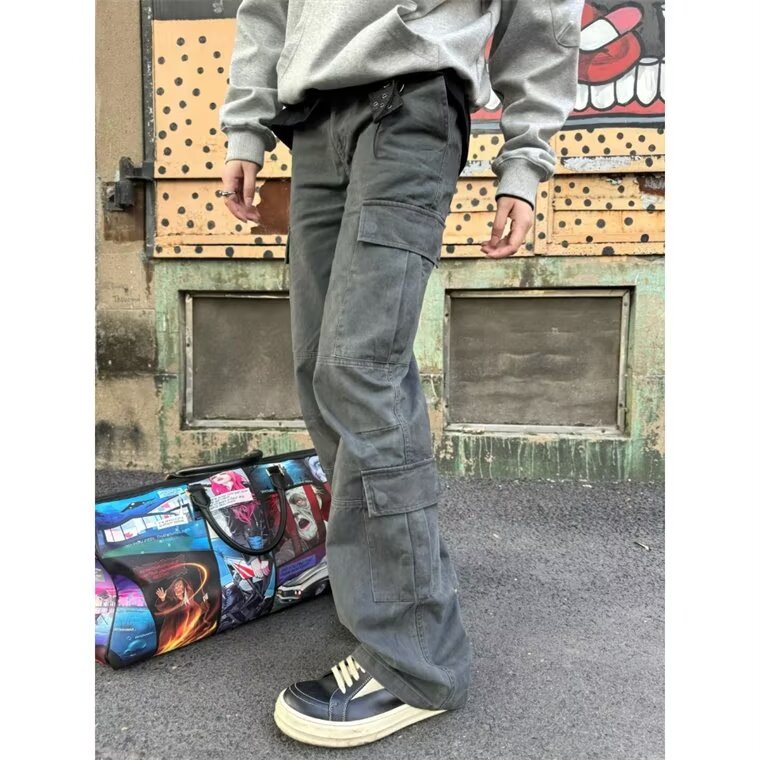 现货水洗磨毛做旧多口袋直筒休闲裤阔腿长裤微喇工装裤男女-网图图片