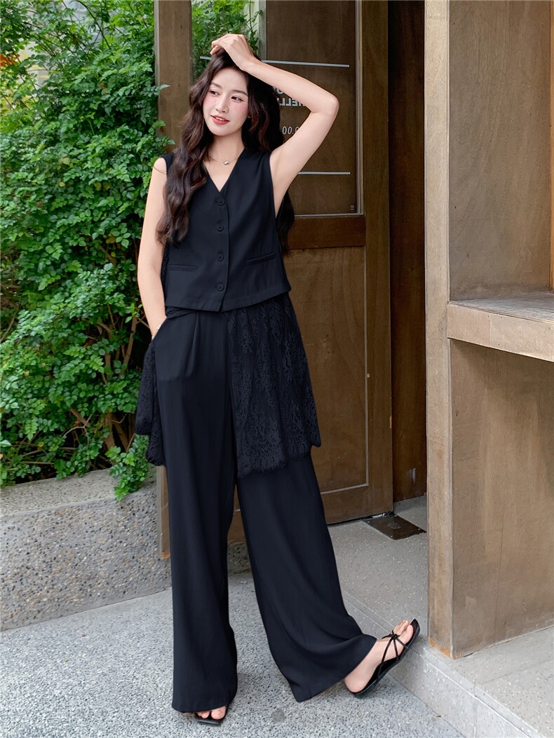 韩系松弛感蕾丝拼接马甲套装女2026夏季新款休闲阔腿裤两件套,女装套装/套裙,流量+