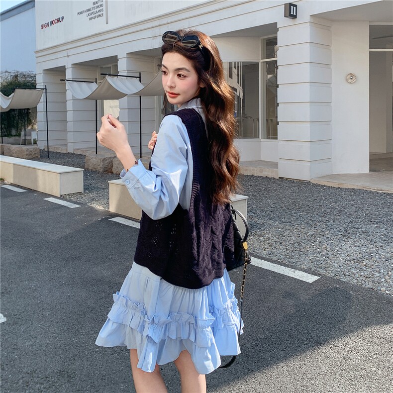 现货新款蓝色针织马甲衬衫连衣裙套装女2C282-209P175K288,女装套装/套裙,2C282