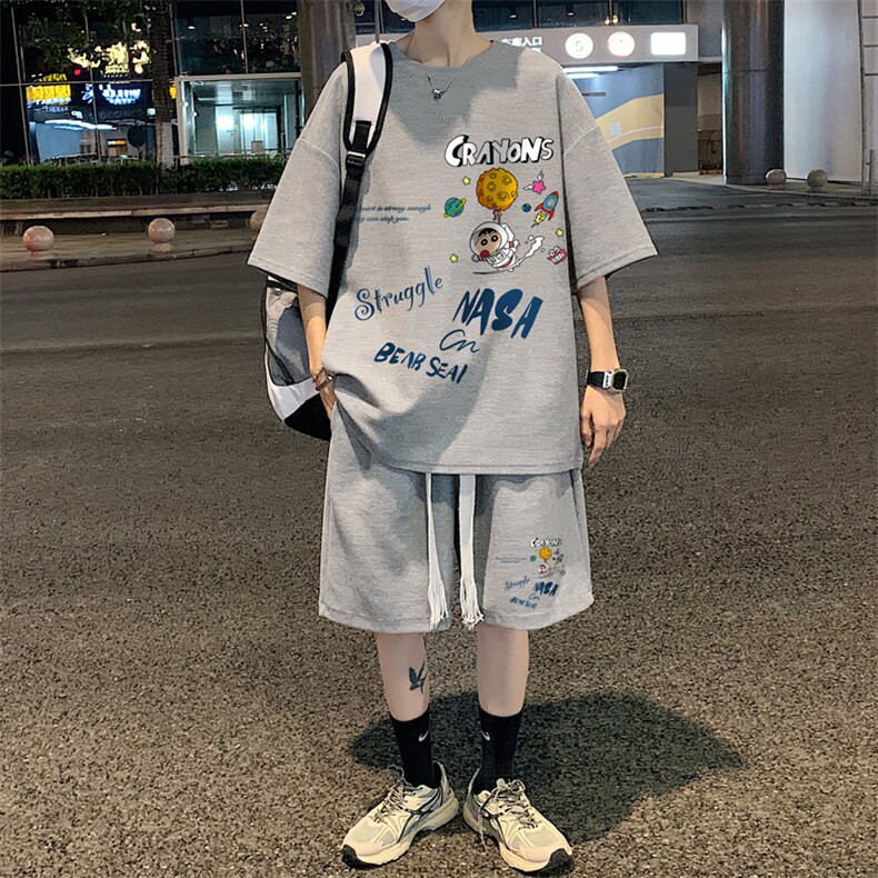 套装！夏季华夫格套装男T恤短裤男两件套大码港风TZ20-P50,男装休闲套装,电商B367