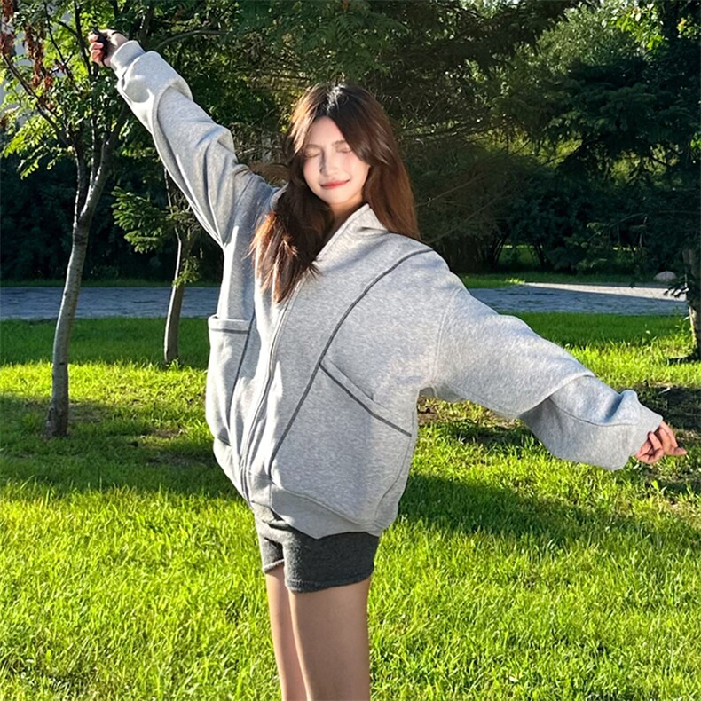 抖音得物高品质秋冬美式高街重磅结构辑明线纹理连帽卫衣外套W111,男装卫衣,电商A486