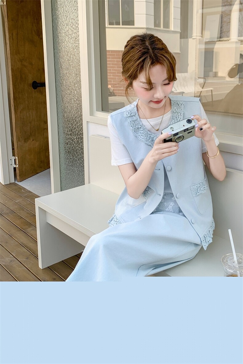 浅蓝色气质淡人套装女夏季2025新款时尚蕾丝马甲T恤阔腿裤三件套，女装套装/套裙，帛锦泉