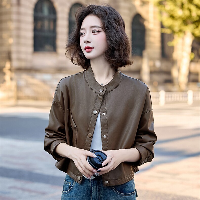 现货立领皮衣2025年女秋季新款时尚百搭短款皮上衣,女装皮衣,英标秀（1C119）