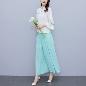 芷墨新款时尚复古俩件套套装中式盘扣上衣裤子套装改良日常汉服女图片
