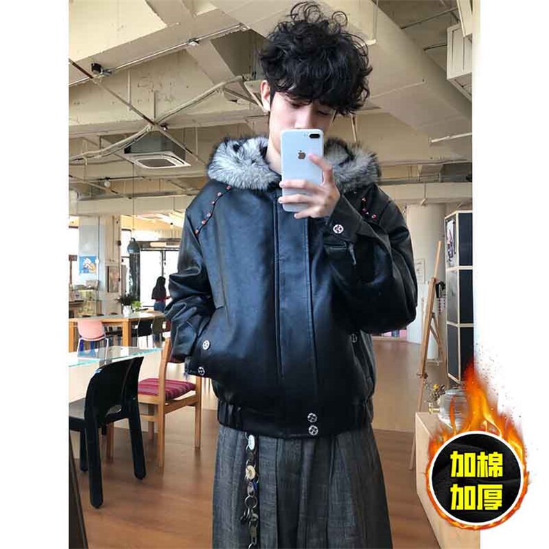 现货冬季美式潮牌痞帅PU皮机车服棉衣毛毛绒狼王座山雕皮棉服图片