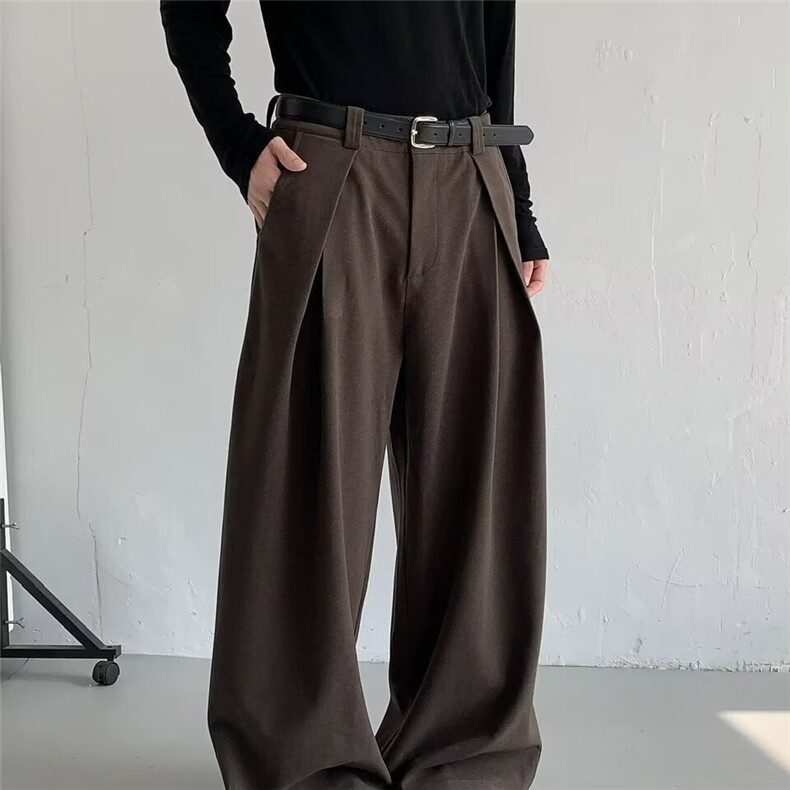 日系毛呢阔腿西裤男潮牌设计感休闲垂感裤美式宽松立体褶皱西装裤图片