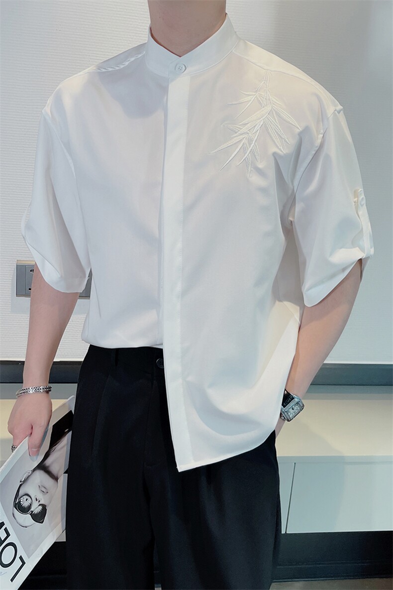 夏季男装新中式风立领五分袖衬衫男纯色毛竹刺绣衬衣潮CS866P60,男装衬衫,电商B267