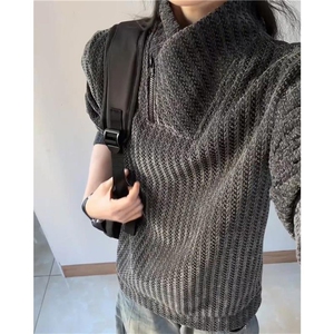 高品质春装新款老钱风美式高街鱼骨纹斜拉链解构高领卫衣长袖t恤图片