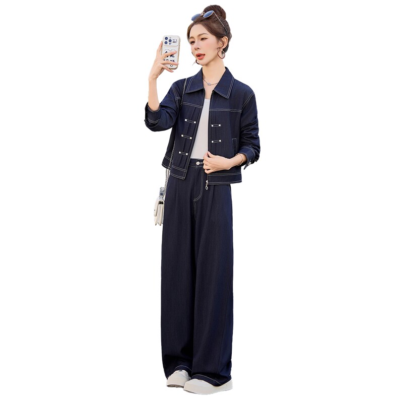 （新款现货）2026春装时尚休闲拉链天丝牛仔阔腿裤套装（两件套）,女装套装/套裙,印象茜