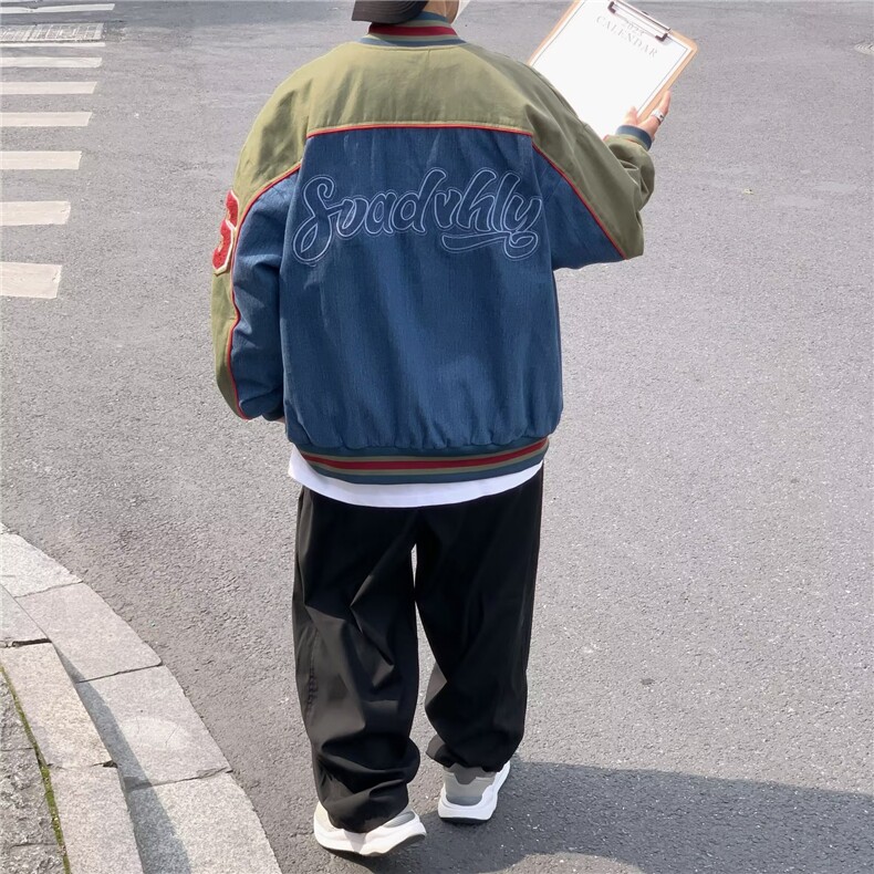 美式复古今年流行牛仔外套男女美秋季新款拼接百搭独特棒球服,男装工装外套,星座218-1（原230）