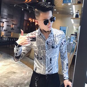 312A-807-P50 秋季个性修身报纸印花长袖衬衫夜店发型师衬衣图片