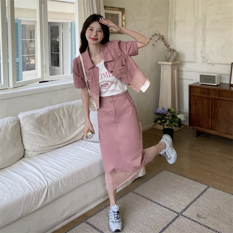 【档口现货】2024新款女装渐变色牛仔连衣裙套装266-p130-k180图片