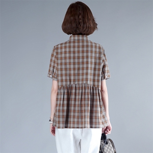 2026夏季新款韩版宽松格子衬衫女短袖翻领全棉减龄娃娃衫图片
