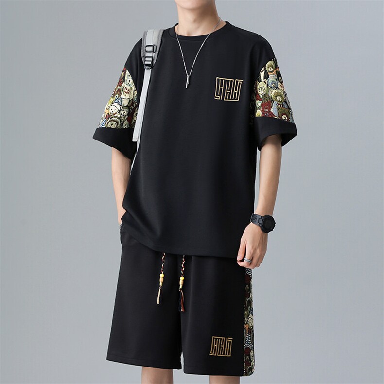 刺绣T恤一套潮夏季拼接男士休闲运动套装男宽松A266-TZ8807-P47图片