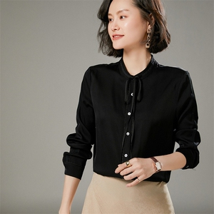 2025年夏季真丝衬衫女立领设计感飘带洋气长袖上衣缎面桑蚕丝衬衣