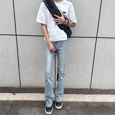 复古水洗浅蓝牛仔裤男微喇修身显瘦长裤子美式潮牌HV8806P45，男装牛仔裤，星座1112-1