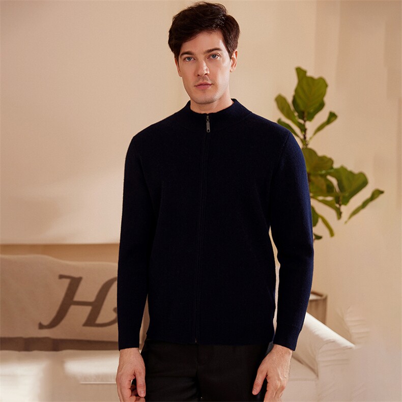 2025秋冬新款男羊绒衫100%纯羊绒厚实圆形小立领纯色休闲针织开衫，男装羊绒套衫，绒歆坊