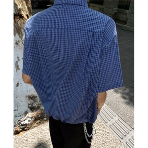 图主推 蓝色格纹抽绳短袖衬衫cleanfit短款上衣男 H1095特P45图片