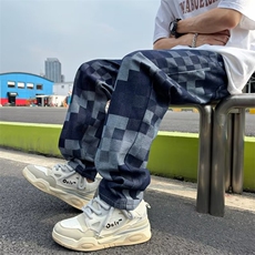 格子拼色牛仔裤男韩版潮流高街帅百搭2024秋季ins长裤RK2091-P49，男装牛仔裤，星座412-3