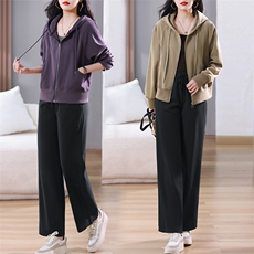 春秋新款时尚两件套装女休闲运动连帽卫衣开衫直筒裤中老年妈妈装，女装套装/套裙，璐依舞